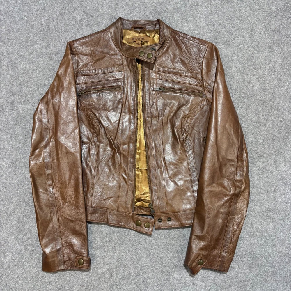 Arden B Womens Brown Leather Cafe Racer Moto Jacket Small Gold Lining